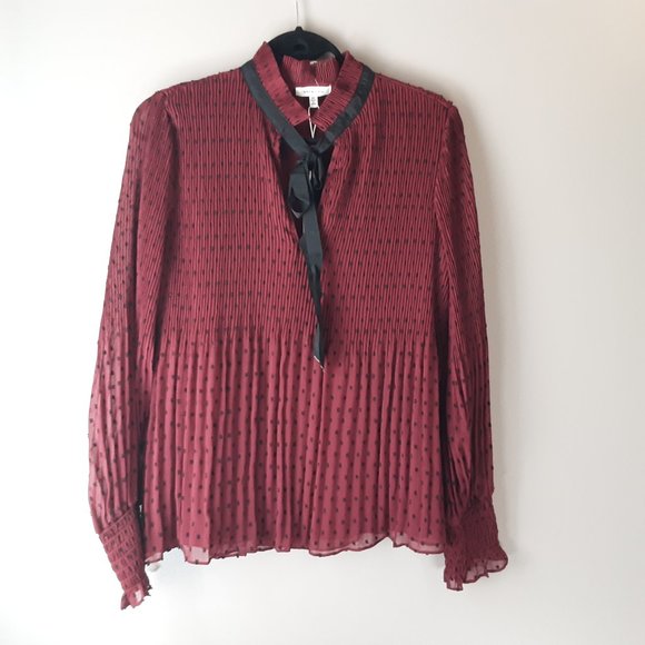Max Studio Pleated Swiss Dot Burgundy Necktie Blouse, S - Picture 1 of 15